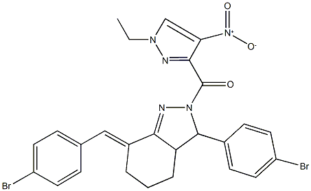 7-(4-bromobenzylidene)-3-(4-bromophenyl)-2-({1-ethyl-4-nitro-1H-pyrazol-3-yl}carbonyl)-3,3a,4,5,6,7-hexahydro-2H-indazole,512816-71-6,结构式