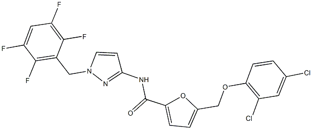 5-[(2,4-dichlorophenoxy)methyl]-N-[1-(2,3,5,6-tetrafluorobenzyl)-1H-pyrazol-3-yl]-2-furamide Struktur