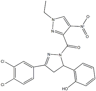 2-[3-(3,4-dichlorophenyl)-1-({1-ethyl-4-nitro-1H-pyrazol-3-yl}carbonyl)-4,5-dihydro-1H-pyrazol-5-yl]phenol 化学構造式
