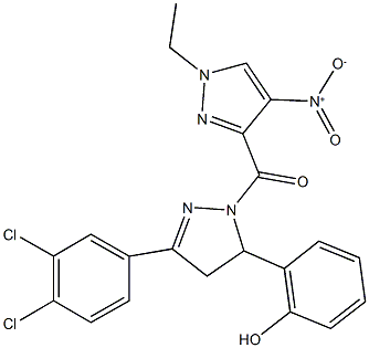 2-[3-(3,4-dichlorophenyl)-1-({1-ethyl-4-nitro-1H-pyrazol-3-yl}carbonyl)-4,5-dihydro-1H-pyrazol-5-yl]phenol Struktur