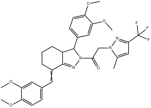 7-(3,4-dimethoxybenzylidene)-3-(3,4-dimethoxyphenyl)-2-{[5-methyl-3-(trifluoromethyl)-1H-pyrazol-1-yl]acetyl}-3,3a,4,5,6,7-hexahydro-2H-indazole,512817-33-3,结构式