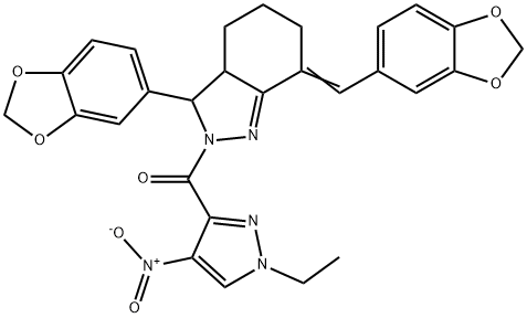 3-(1,3-benzodioxol-5-yl)-7-(1,3-benzodioxol-5-ylmethylene)-2-({1-ethyl-4-nitro-1H-pyrazol-3-yl}carbonyl)-3,3a,4,5,6,7-hexahydro-2H-indazole Struktur