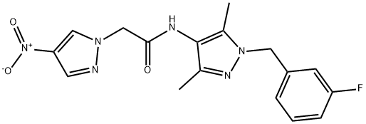 N-[1-(3-fluorobenzyl)-3,5-dimethyl-1H-pyrazol-4-yl]-2-{4-nitro-1H-pyrazol-1-yl}acetamide 结构式