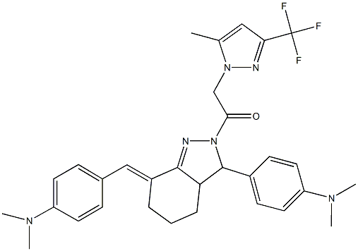 N-[4-(7-[4-(dimethylamino)benzylidene]-2-{[5-methyl-3-(trifluoromethyl)-1H-pyrazol-1-yl]acetyl}-3,3a,4,5,6,7-hexahydro-2H-indazol-3-yl)phenyl]-N,N-dimethylamine 化学構造式