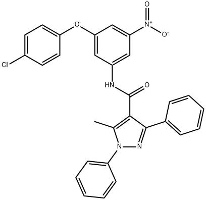 N-{3-(4-chlorophenoxy)-5-nitrophenyl}-5-methyl-1,3-diphenyl-1H-pyrazole-4-carboxamide 结构式