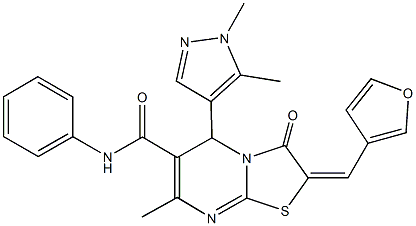 5-(1,5-dimethyl-1H-pyrazol-4-yl)-2-(3-furylmethylene)-7-methyl-3-oxo-N-phenyl-2,3-dihydro-5H-[1,3]thiazolo[3,2-a]pyrimidine-6-carboxamide 化学構造式