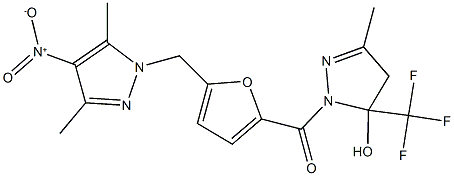 1-[5-({4-nitro-3,5-dimethyl-1H-pyrazol-1-yl}methyl)-2-furoyl]-3-methyl-5-(trifluoromethyl)-4,5-dihydro-1H-pyrazol-5-ol 结构式