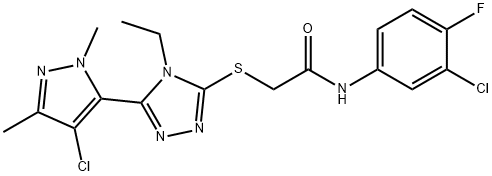 2-{[5-(4-chloro-1,3-dimethyl-1H-pyrazol-5-yl)-4-ethyl-4H-1,2,4-triazol-3-yl]sulfanyl}-N-(3-chloro-4-fluorophenyl)acetamide 结构式