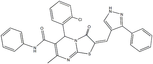 5-(2-chlorophenyl)-7-methyl-3-oxo-N-phenyl-2-[(3-phenyl-1H-pyrazol-4-yl)methylene]-2,3-dihydro-5H-[1,3]thiazolo[3,2-a]pyrimidine-6-carboxamide 结构式