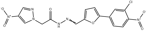 N'-[(5-{3-chloro-4-nitrophenyl}-2-furyl)methylene]-2-{4-nitro-1H-pyrazol-1-yl}acetohydrazide 化学構造式