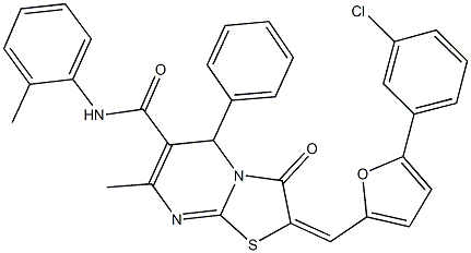 2-{[5-(3-chlorophenyl)-2-furyl]methylene}-7-methyl-N-(2-methylphenyl)-3-oxo-5-phenyl-2,3-dihydro-5H-[1,3]thiazolo[3,2-a]pyrimidine-6-carboxamide Structure