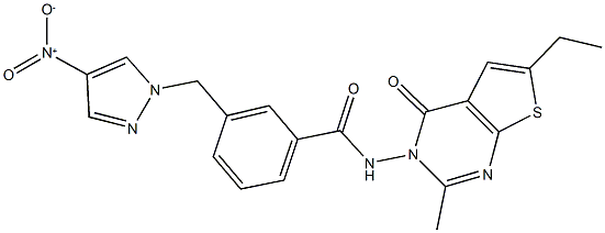 N-(6-ethyl-2-methyl-4-oxothieno[2,3-d]pyrimidin-3(4H)-yl)-3-({4-nitro-1H-pyrazol-1-yl}methyl)benzamide 结构式