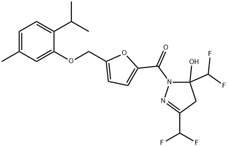 3,5-bis(difluoromethyl)-1-{5-[(2-isopropyl-5-methylphenoxy)methyl]-2-furoyl}-4,5-dihydro-1H-pyrazol-5-ol Structure