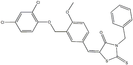 3-benzyl-5-{3-[(2,4-dichlorophenoxy)methyl]-4-methoxybenzylidene}-2-thioxo-1,3-thiazolidin-4-one 化学構造式