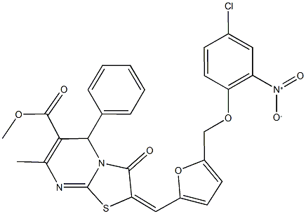 methyl 2-{[5-({4-chloro-2-nitrophenoxy}methyl)-2-furyl]methylene}-7-methyl-3-oxo-5-phenyl-2,3-dihydro-5H-[1,3]thiazolo[3,2-a]pyrimidine-6-carboxylate Struktur