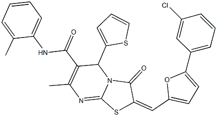 2-{[5-(3-chlorophenyl)-2-furyl]methylene}-7-methyl-N-(2-methylphenyl)-3-oxo-5-(2-thienyl)-2,3-dihydro-5H-[1,3]thiazolo[3,2-a]pyrimidine-6-carboxamide 结构式