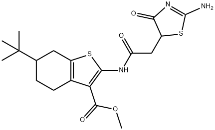 methyl 6-tert-butyl-2-{[(2-imino-4-oxo-1,3-thiazolidin-5-yl)acetyl]amino}-4,5,6,7-tetrahydro-1-benzothiophene-3-carboxylate Struktur