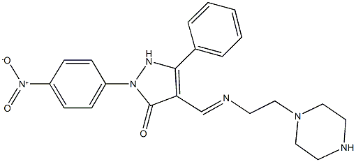 2-{4-nitrophenyl}-5-phenyl-4-({[2-(1-piperazinyl)ethyl]imino}methyl)-1,2-dihydro-3H-pyrazol-3-one 化学構造式