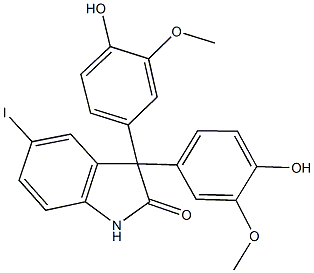 3,3-bis(4-hydroxy-3-methoxyphenyl)-5-iodo-1,3-dihydro-2H-indol-2-one Struktur