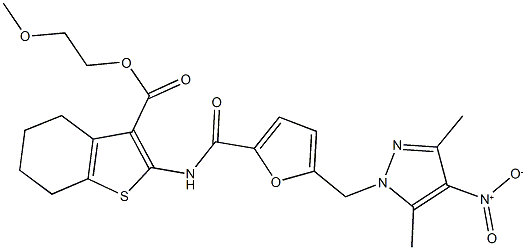 2-methoxyethyl 2-{[5-({4-nitro-3,5-dimethyl-1H-pyrazol-1-yl}methyl)-2-furoyl]amino}-4,5,6,7-tetrahydro-1-benzothiophene-3-carboxylate 化学構造式