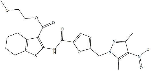 2-methoxyethyl 2-{[5-({4-nitro-3,5-dimethyl-1H-pyrazol-1-yl}methyl)-2-furoyl]amino}-4,5,6,7-tetrahydro-1-benzothiophene-3-carboxylate Structure