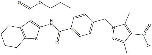 propyl 2-{[4-({4-nitro-3,5-dimethyl-1H-pyrazol-1-yl}methyl)benzoyl]amino}-4,5,6,7-tetrahydro-1-benzothiophene-3-carboxylate Structure