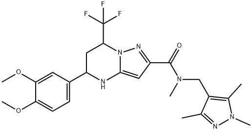 5-(3,4-dimethoxyphenyl)-N-methyl-7-(trifluoromethyl)-N-[(1,3,5-trimethyl-1H-pyrazol-4-yl)methyl]-4,5,6,7-tetrahydropyrazolo[1,5-a]pyrimidine-2-carboxamide 化学構造式