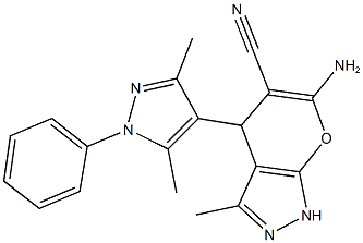 6-amino-4-(3,5-dimethyl-1-phenyl-1H-pyrazol-4-yl)-3-methyl-1,4-dihydropyrano[2,3-c]pyrazole-5-carbonitrile 化学構造式