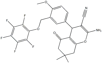2-amino-4-{4-methoxy-3-[(2,3,4,5,6-pentafluorophenoxy)methyl]phenyl}-7,7-dimethyl-5-oxo-5,6,7,8-tetrahydro-4H-chromene-3-carbonitrile Struktur