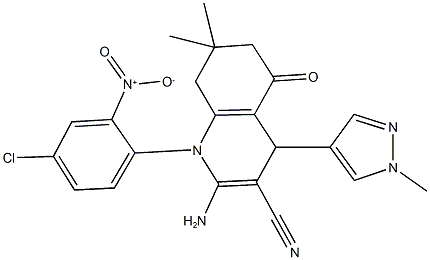 2-amino-1-{4-chloro-2-nitrophenyl}-7,7-dimethyl-4-(1-methyl-1H-pyrazol-4-yl)-5-oxo-1,4,5,6,7,8-hexahydroquinoline-3-carbonitrile 化学構造式