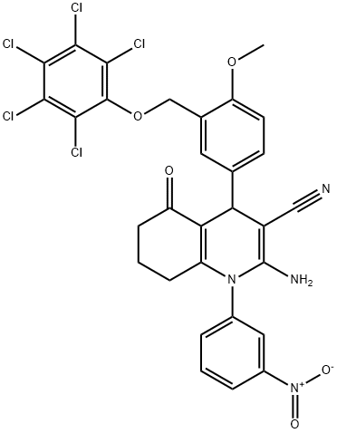 2-amino-1-{3-nitrophenyl}-4-{4-methoxy-3-[(2,3,4,5,6-pentachlorophenoxy)methyl]phenyl}-5-oxo-1,4,5,6,7,8-hexahydroquinoline-3-carbonitrile 化学構造式