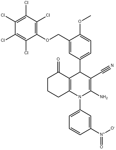 2-amino-1-{3-nitrophenyl}-4-{4-methoxy-3-[(2,3,4,5,6-pentachlorophenoxy)methyl]phenyl}-5-oxo-1,4,5,6,7,8-hexahydroquinoline-3-carbonitrile Struktur