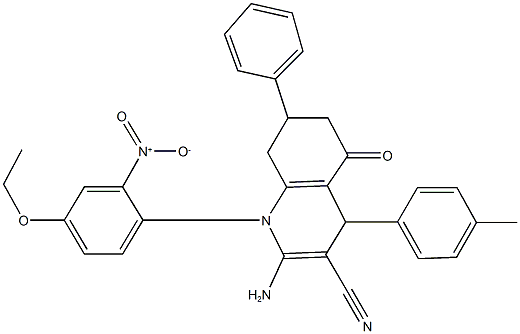 2-amino-1-{4-ethoxy-2-nitrophenyl}-4-(4-methylphenyl)-5-oxo-7-phenyl-1,4,5,6,7,8-hexahydroquinoline-3-carbonitrile Struktur