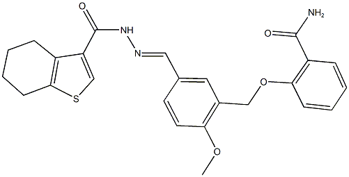 2-({2-methoxy-5-[2-(4,5,6,7-tetrahydro-1-benzothien-3-ylcarbonyl)carbohydrazonoyl]benzyl}oxy)benzamide Struktur