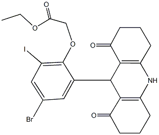 ethyl [4-bromo-2-(1,8-dioxo-1,2,3,4,5,6,7,8,9,10-decahydro-9-acridinyl)-6-iodophenoxy]acetate 化学構造式