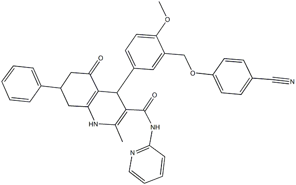 4-{3-[(4-cyanophenoxy)methyl]-4-methoxyphenyl}-2-methyl-5-oxo-7-phenyl-N-(2-pyridinyl)-1,4,5,6,7,8-hexahydro-3-quinolinecarboxamide 化学構造式