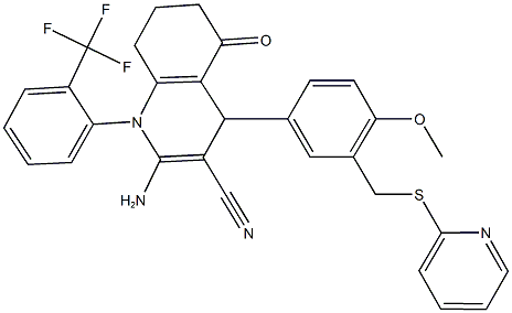 2-amino-4-{4-methoxy-3-[(2-pyridinylsulfanyl)methyl]phenyl}-5-oxo-1-[2-(trifluoromethyl)phenyl]-1,4,5,6,7,8-hexahydro-3-quinolinecarbonitrile 结构式