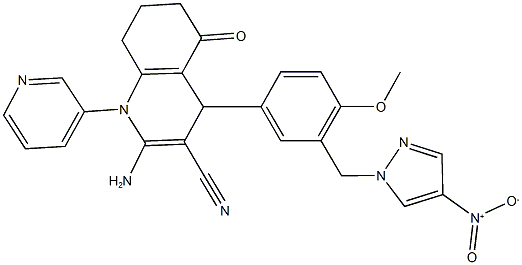 2-amino-4-[3-({4-nitro-1H-pyrazol-1-yl}methyl)-4-methoxyphenyl]-5-oxo-1-(3-pyridinyl)-1,4,5,6,7,8-hexahydro-3-quinolinecarbonitrile Structure