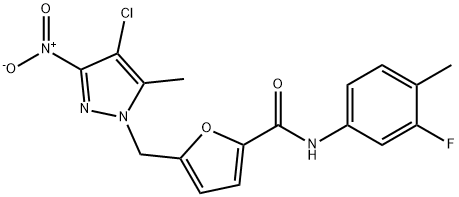 5-({4-chloro-3-nitro-5-methyl-1H-pyrazol-1-yl}methyl)-N-(3-fluoro-4-methylphenyl)-2-furamide 结构式