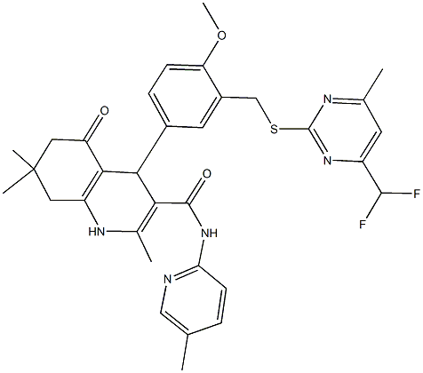 4-[3-({[4-(difluoromethyl)-6-methyl-2-pyrimidinyl]sulfanyl}methyl)-4-methoxyphenyl]-2,7,7-trimethyl-N-(5-methyl-2-pyridinyl)-5-oxo-1,4,5,6,7,8-hexahydro-3-quinolinecarboxamide 化学構造式