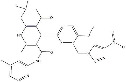 4-[3-({4-nitro-1H-pyrazol-1-yl}methyl)-4-methoxyphenyl]-2,7,7-trimethyl-N-(4-methyl-2-pyridinyl)-5-oxo-1,4,5,6,7,8-hexahydro-3-quinolinecarboxamide 化学構造式