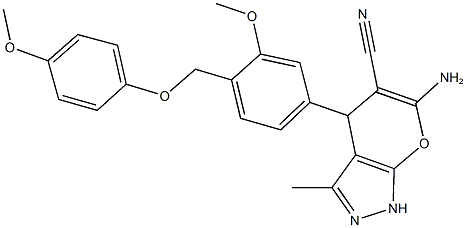 6-amino-4-{3-methoxy-4-[(4-methoxyphenoxy)methyl]phenyl}-3-methyl-1,4-dihydropyrano[2,3-c]pyrazole-5-carbonitrile 化学構造式