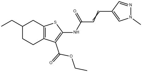 ethyl 6-ethyl-2-{[3-(1-methyl-1H-pyrazol-4-yl)acryloyl]amino}-4,5,6,7-tetrahydro-1-benzothiophene-3-carboxylate 化学構造式