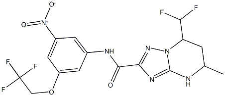 7-(difluoromethyl)-N-[3-nitro-5-(2,2,2-trifluoroethoxy)phenyl]-5-methyl-4,5,6,7-tetrahydro[1,2,4]triazolo[1,5-a]pyrimidine-2-carboxamide Struktur