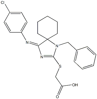 ({1-benzyl-4-[(4-chlorophenyl)imino]-1,3-diazaspiro[4.5]dec-2-en-2-yl}sulfanyl)acetic acid Struktur