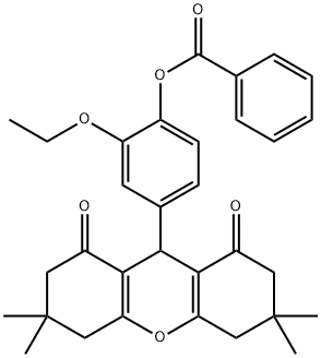 2-ethoxy-4-(3,3,6,6-tetramethyl-1,8-dioxo-2,3,4,5,6,7,8,9-octahydro-1H-xanthen-9-yl)phenyl benzoate Struktur