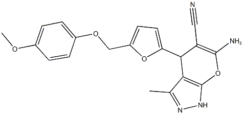 6-amino-4-{5-[(4-methoxyphenoxy)methyl]-2-furyl}-3-methyl-1,4-dihydropyrano[2,3-c]pyrazole-5-carbonitrile 化学構造式