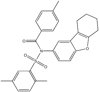 2,5-dimethyl-N-(4-methylbenzoyl)-N-(6,7,8,9-tetrahydrodibenzo[b,d]furan-2-yl)benzenesulfonamide 化学構造式