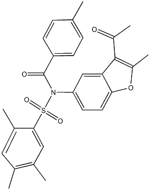 N-(3-acetyl-2-methyl-1-benzofuran-5-yl)-2,4,5-trimethyl-N-(4-methylbenzoyl)benzenesulfonamide Struktur