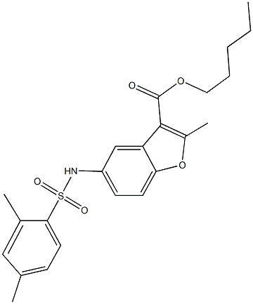 pentyl 5-{[(2,4-dimethylphenyl)sulfonyl]amino}-2-methyl-1-benzofuran-3-carboxylate 化学構造式